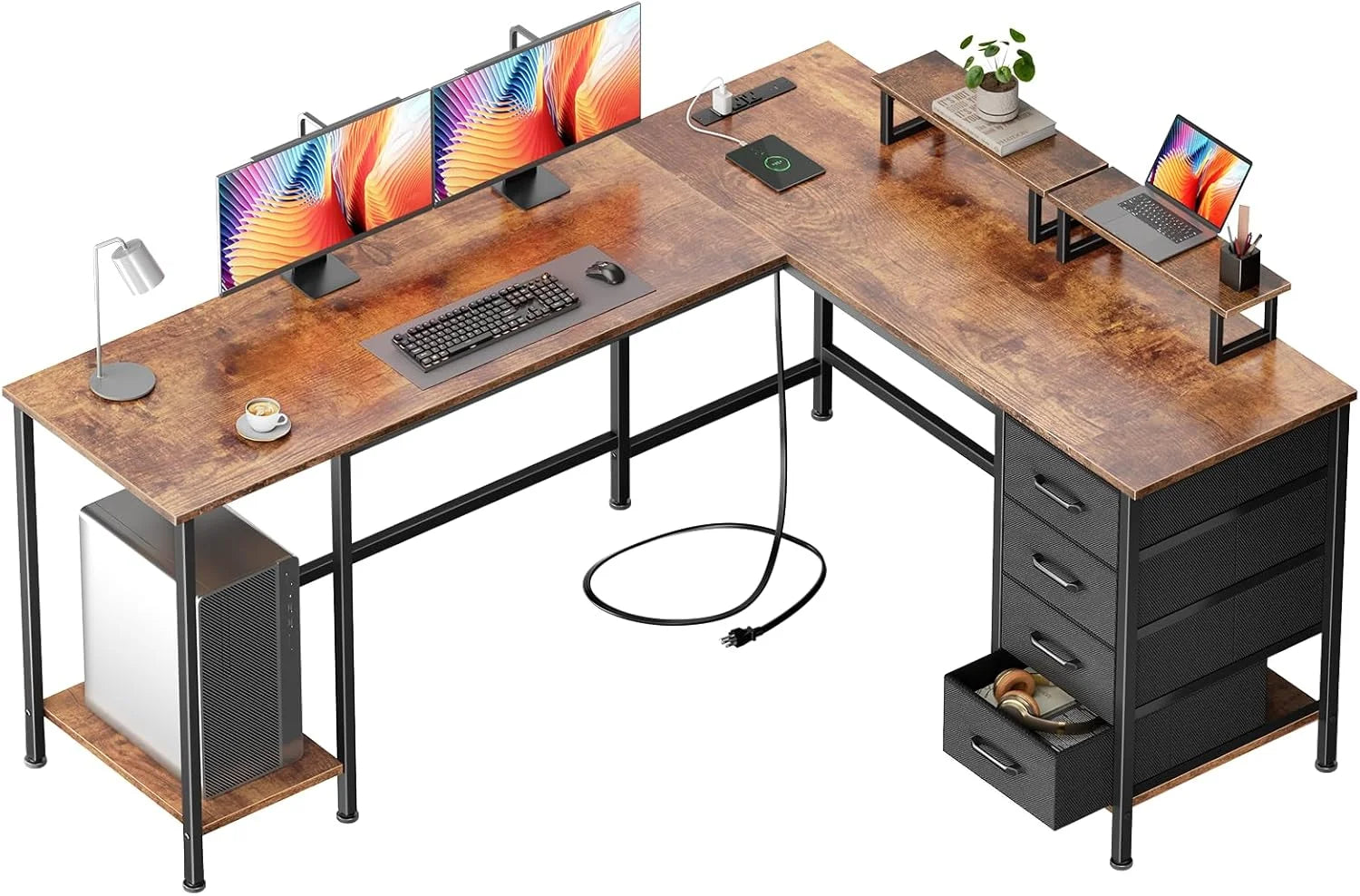Korfile 59 inch L Shaped Computer Desk with Power Outlets, Home Office Desk with 4 Adjustable Storage Drawers & 2 bifanuoyard - Image 4