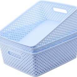 3 Pack Plastic Storage Baskets, Large, White, Durable Woven Plastic with Built-In Handles bifanuoyard