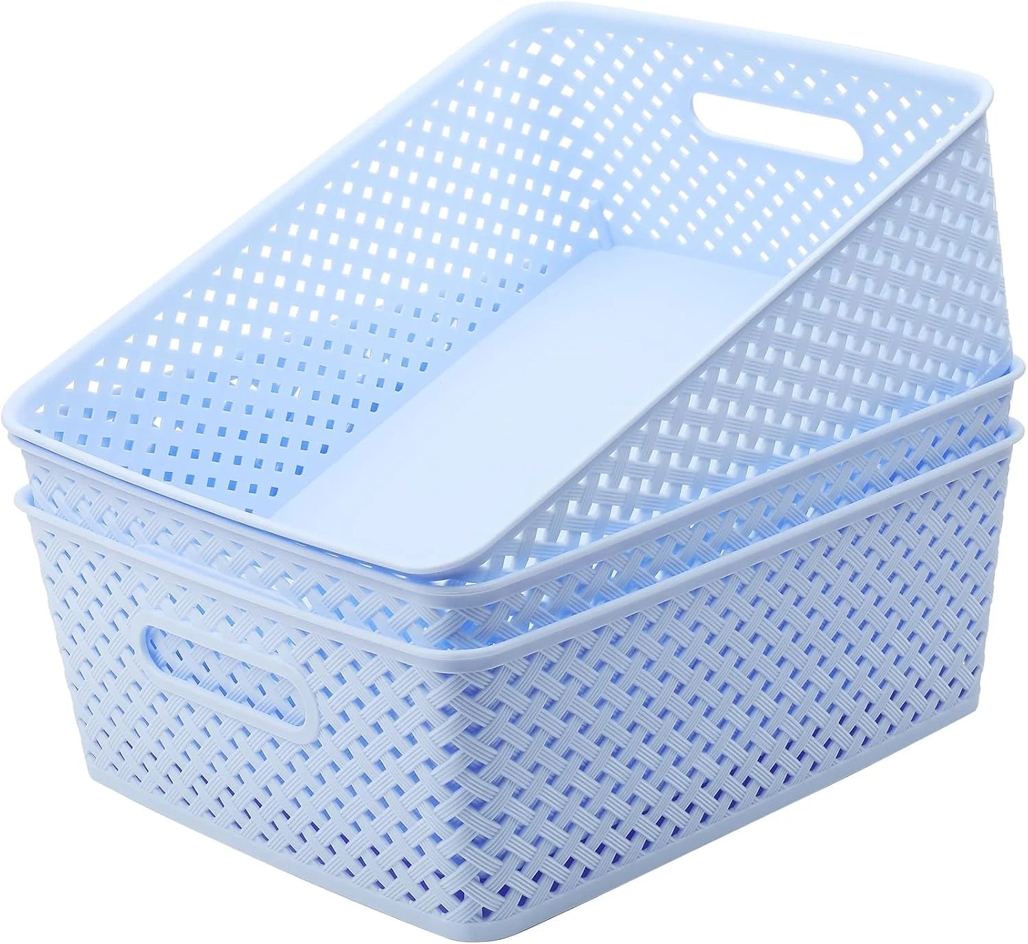3 Pack Plastic Storage Baskets, Medium, White, Durable Woven Plastic with Built-In Handles bifanuoyard
