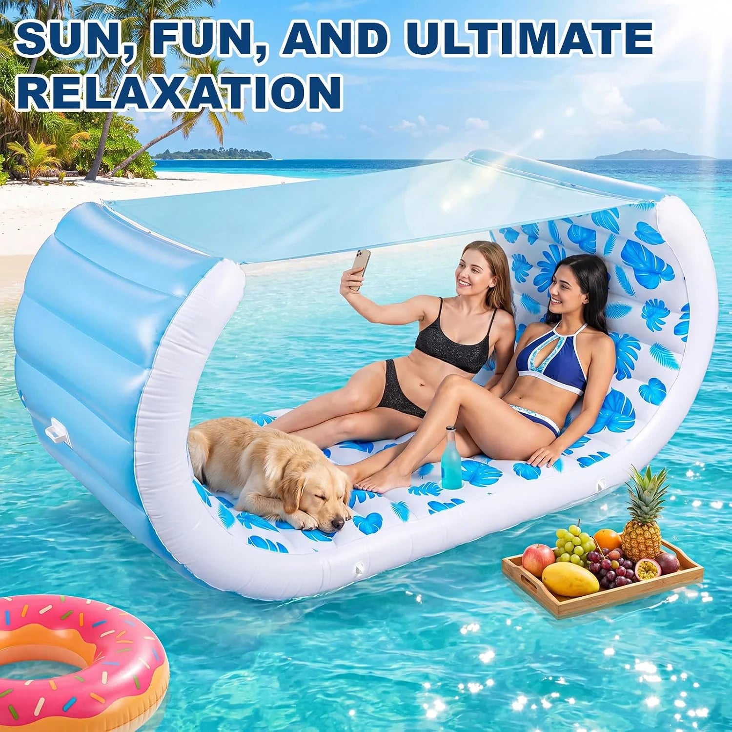 New Arrivals Inflatable Pool Float with Shade, 157 x 36 Extra Large Floating Couch Island Cabana Luxury Lounger with Canopy - Image 3