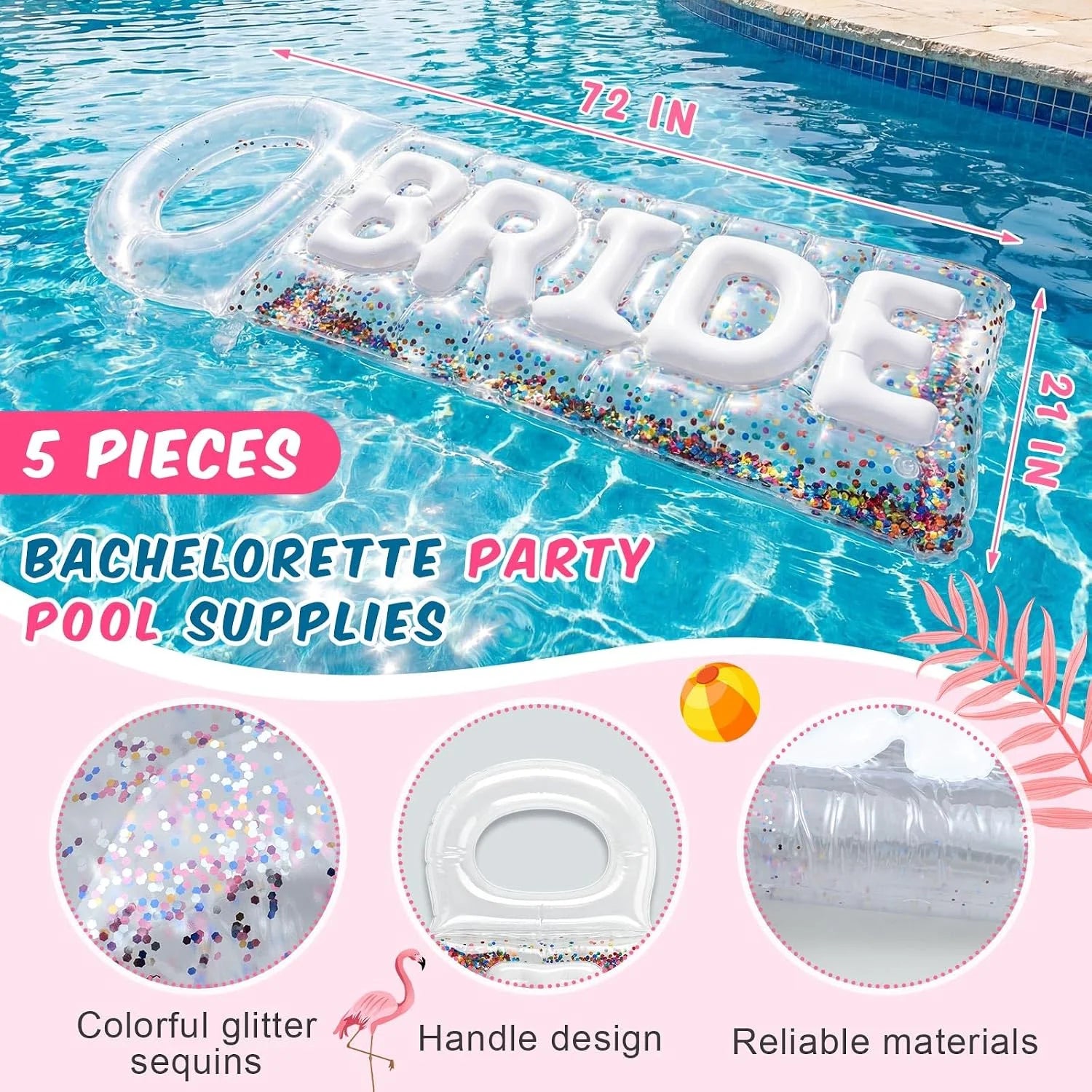 5 Pcs Bachelorette Pool Floats Set, Bride Pool Party Decor: 72 Glitter Bride Raft Lounger & 4 Heart Swim Rings bifanuoyard - Image 2