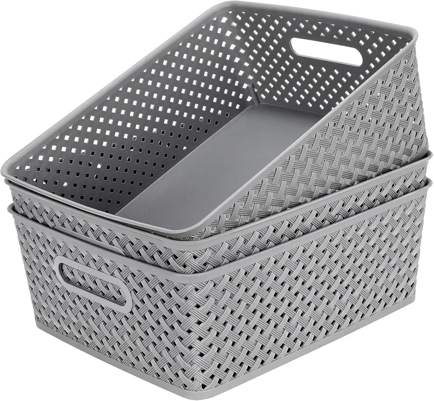 3 Pack Plastic Storage Baskets, Medium, White, Durable Woven Plastic with Built-In Handles bifanuoyard - Image 3