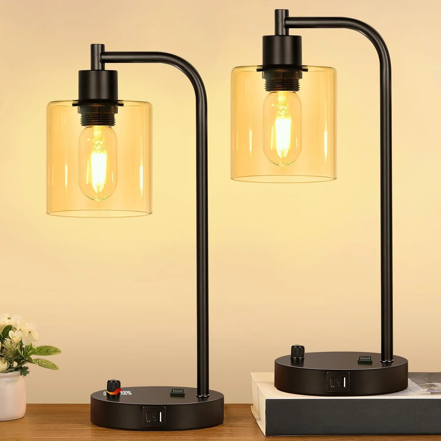 Lynnoland Set of 2 Industrial Table Lamps with 2 USB, Dimmable, Bulb Included bifanuoyard - Image 2