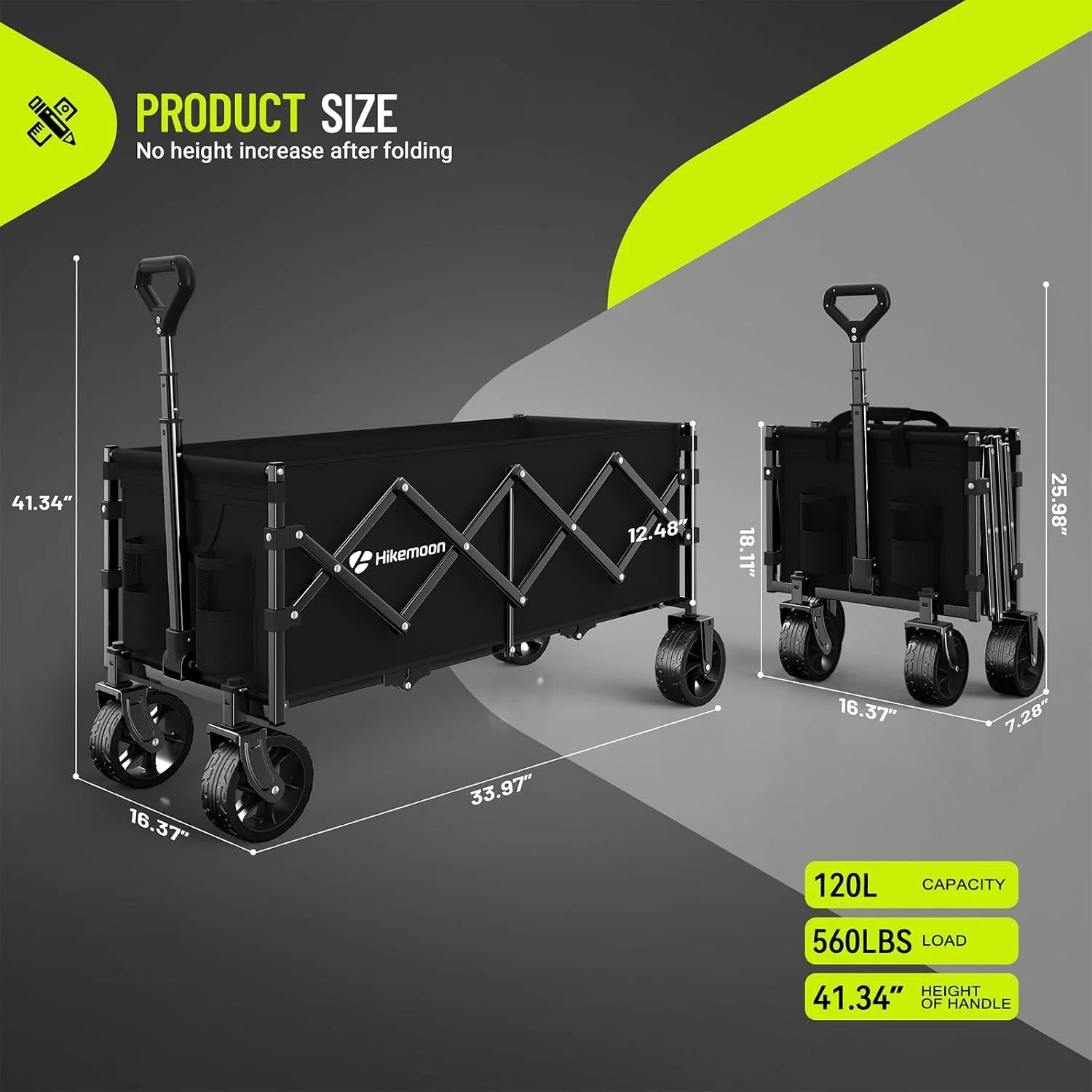 New Arrivals HIKEMOON 34" Extra Long Folding Wagon Wide Wheels, 120L 360LBS Black