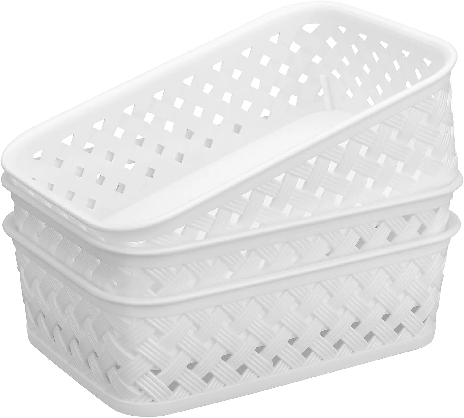 3 Pack Plastic Storage Baskets, Medium, White, Durable Woven Plastic with Built-In Handles bifanuoyard - Image 2