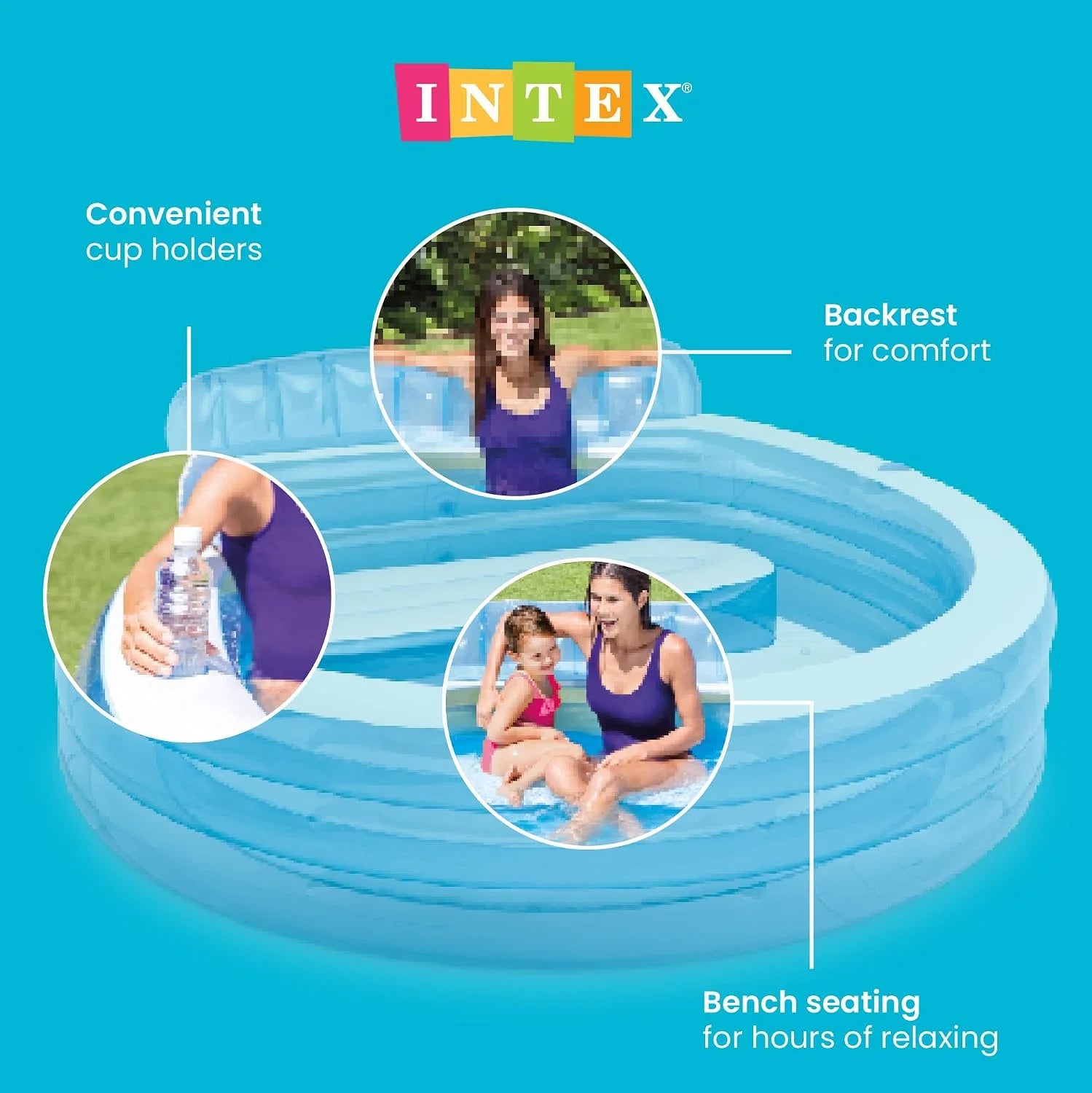 New Arrivals INTEX Swim Center Inflatable Family Lounge Pool: Built-In Bench " Cup Holder " 156 Gallon Capacity " 90 x 86 x 31 " Blue bifanuoyard - Image 3