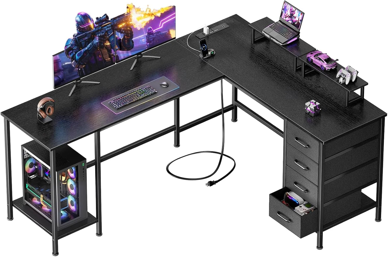 Korfile 59 inch L Shaped Computer Desk with Power Outlets, Home Office Desk with 4 Adjustable Storage Drawers & 2 bifanuoyard - Image 2