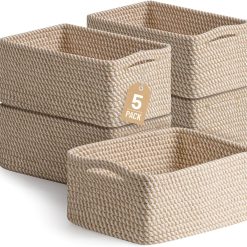 Alternative view of 5 Pack Small Woven Storage Baskets for Shelves, Gift Baskets Empty, 11.8×7.9×4.7, Decorative Cotton Rope Baskets bifanuoyard