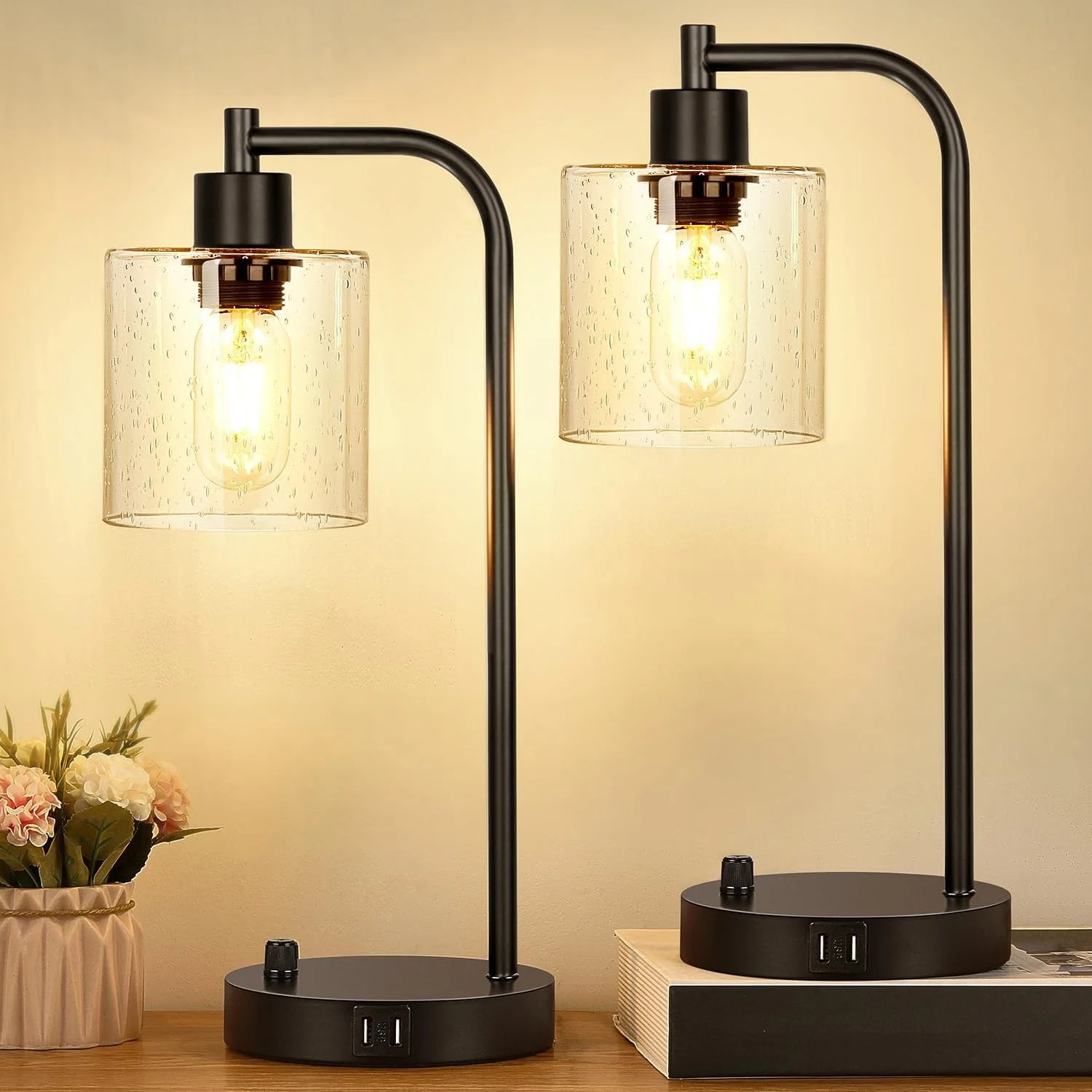 Lynnoland Set of 2 Industrial Table Lamps with 2 USB, Dimmable, Bulb Included bifanuoyard