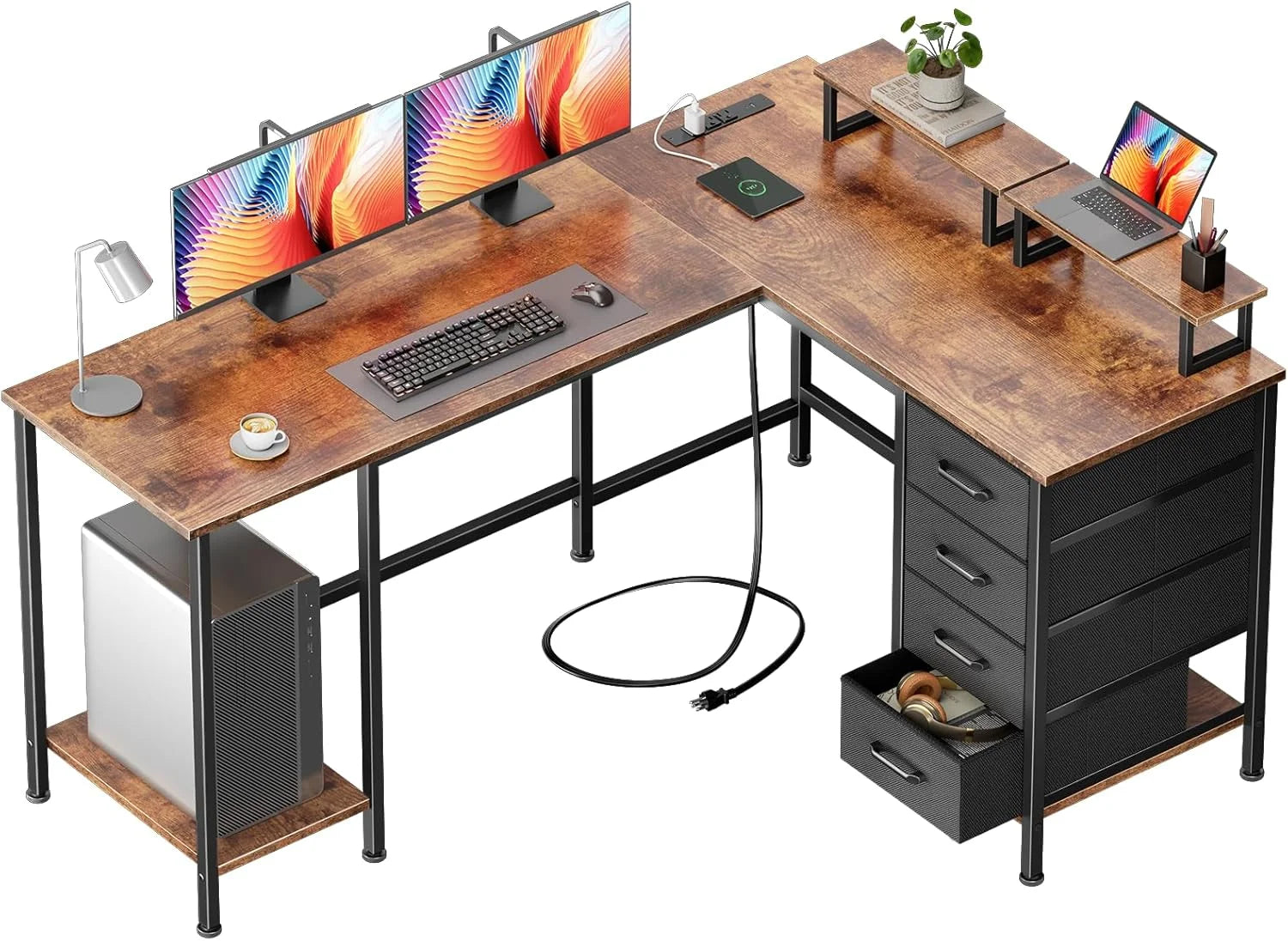 Korfile 59 inch L Shaped Computer Desk with Power Outlets, Home Office Desk with 4 Adjustable Storage Drawers & 2 bifanuoyard