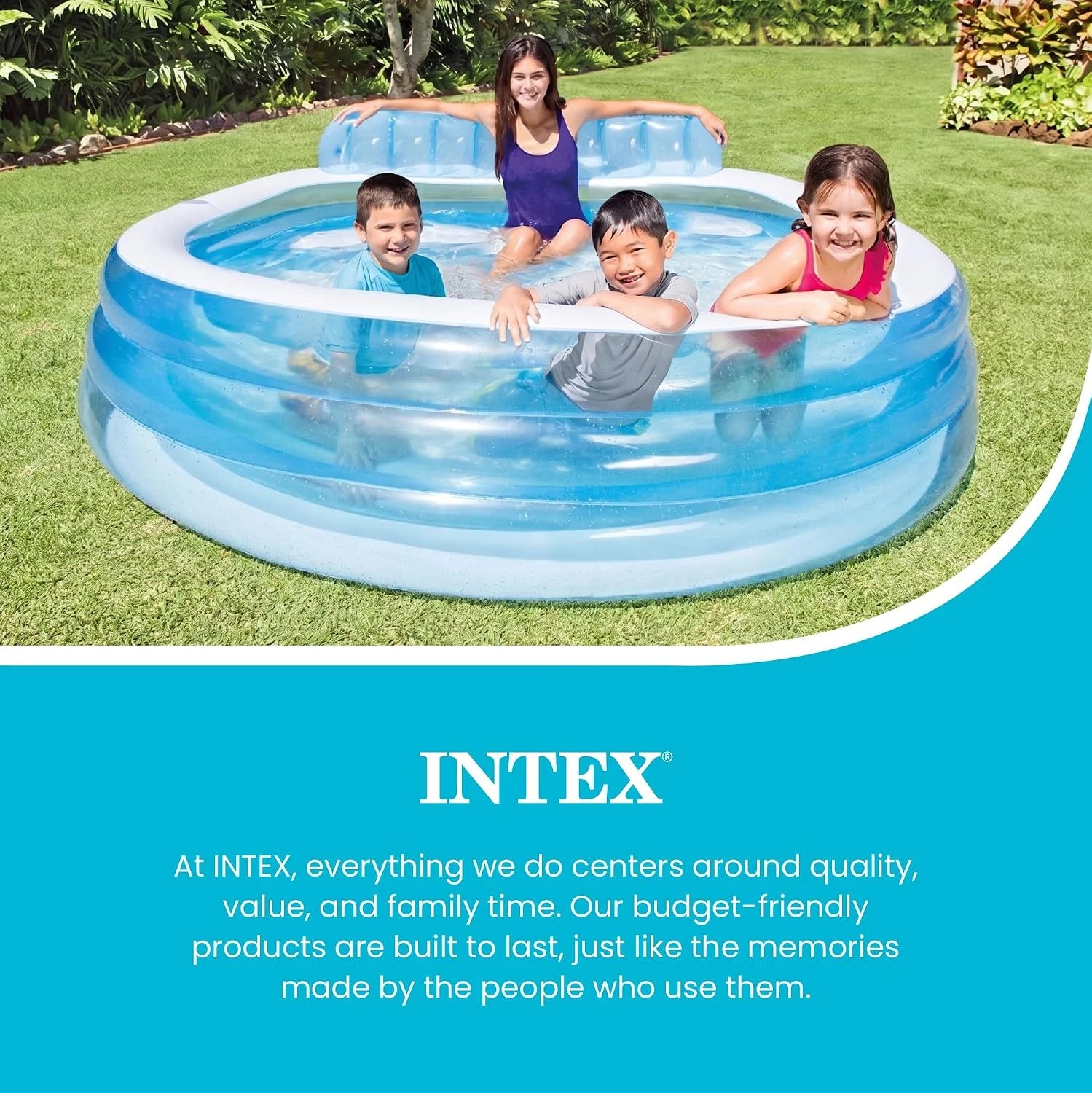 New Arrivals INTEX Swim Center Inflatable Family Lounge Pool: Built-In Bench " Cup Holder " 156 Gallon Capacity " 90 x 86 x 31 " Blue bifanuoyard - Image 6