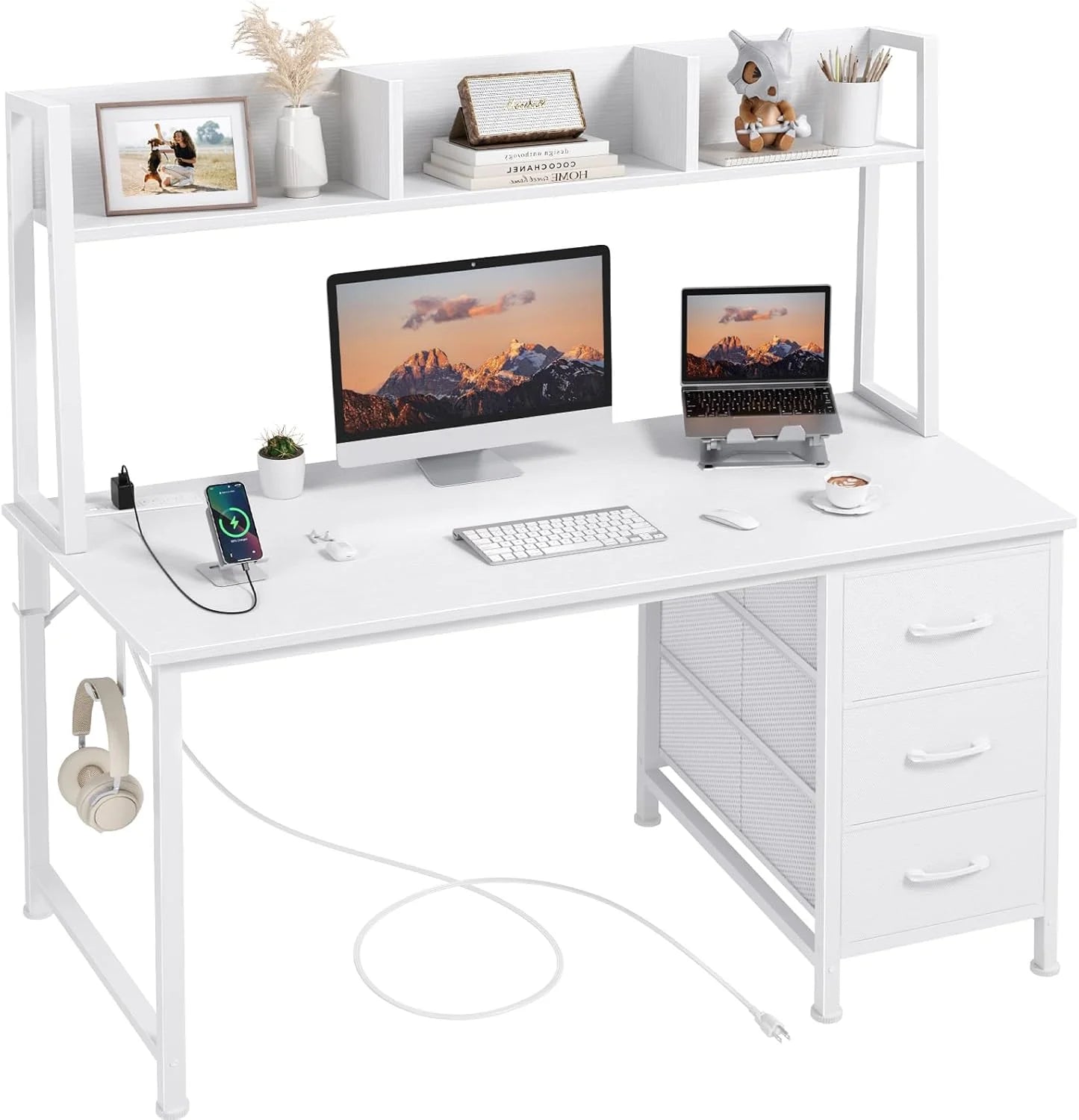 DLisiting White Computer Desk with Hutch & Drawers, 47 Inch Modern Study Writing Office Desk with 3 Storage Drawers and bifanuoyard