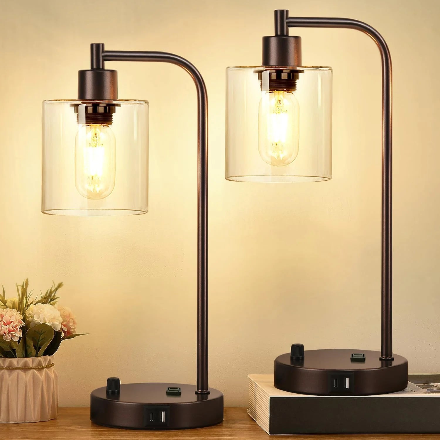 Lynnoland Set of 2 Industrial Table Lamps with 2 USB, Dimmable, Bulb Included bifanuoyard - Image 3