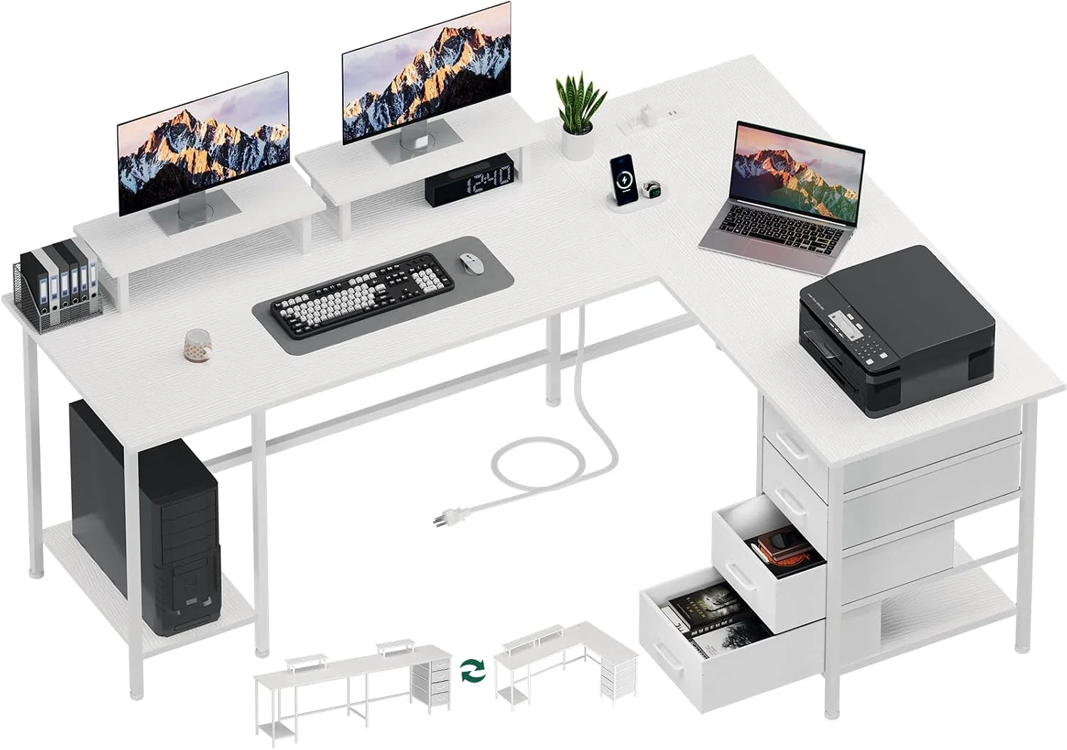 Korfile 59 inch L Shaped Computer Desk with Power Outlets, Home Office Desk with 4 Adjustable Storage Drawers & 2 bifanuoyard - Image 5