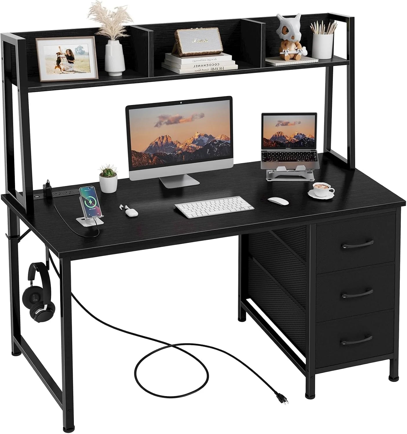 DLisiting White Computer Desk with Hutch & Drawers, 47 Inch Modern Study Writing Office Desk with 3 Storage Drawers and bifanuoyard - Image 2