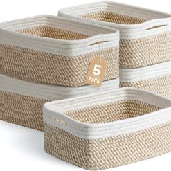 5 Pack Small Woven Storage Baskets for Shelves, Gift Baskets Empty, 11.8×7.9×4.7, Decorative Cotton Rope Baskets bifanuoyard