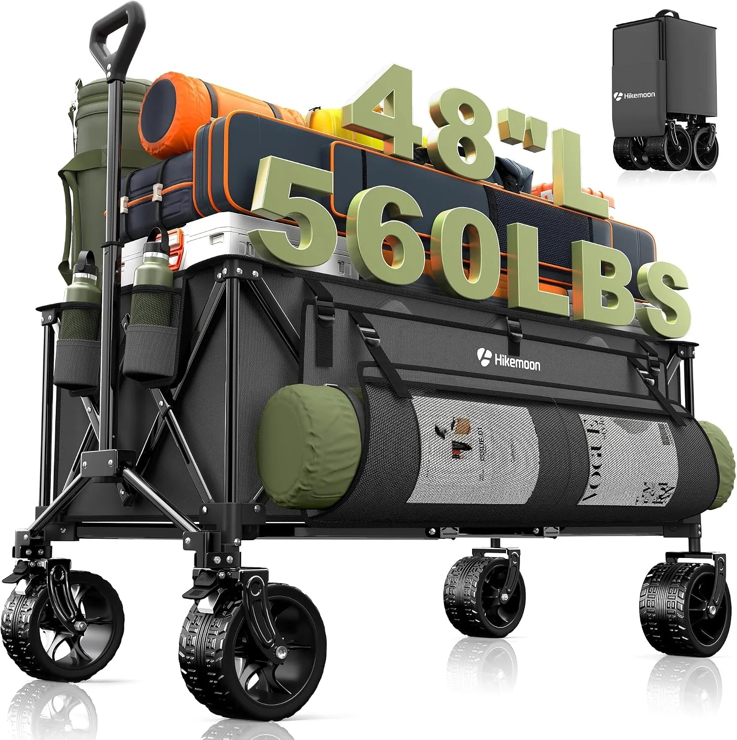 New Arrivals HIKEMOON 48" Extra Large Collapsible Wagon with Big Wheels, 300L Black