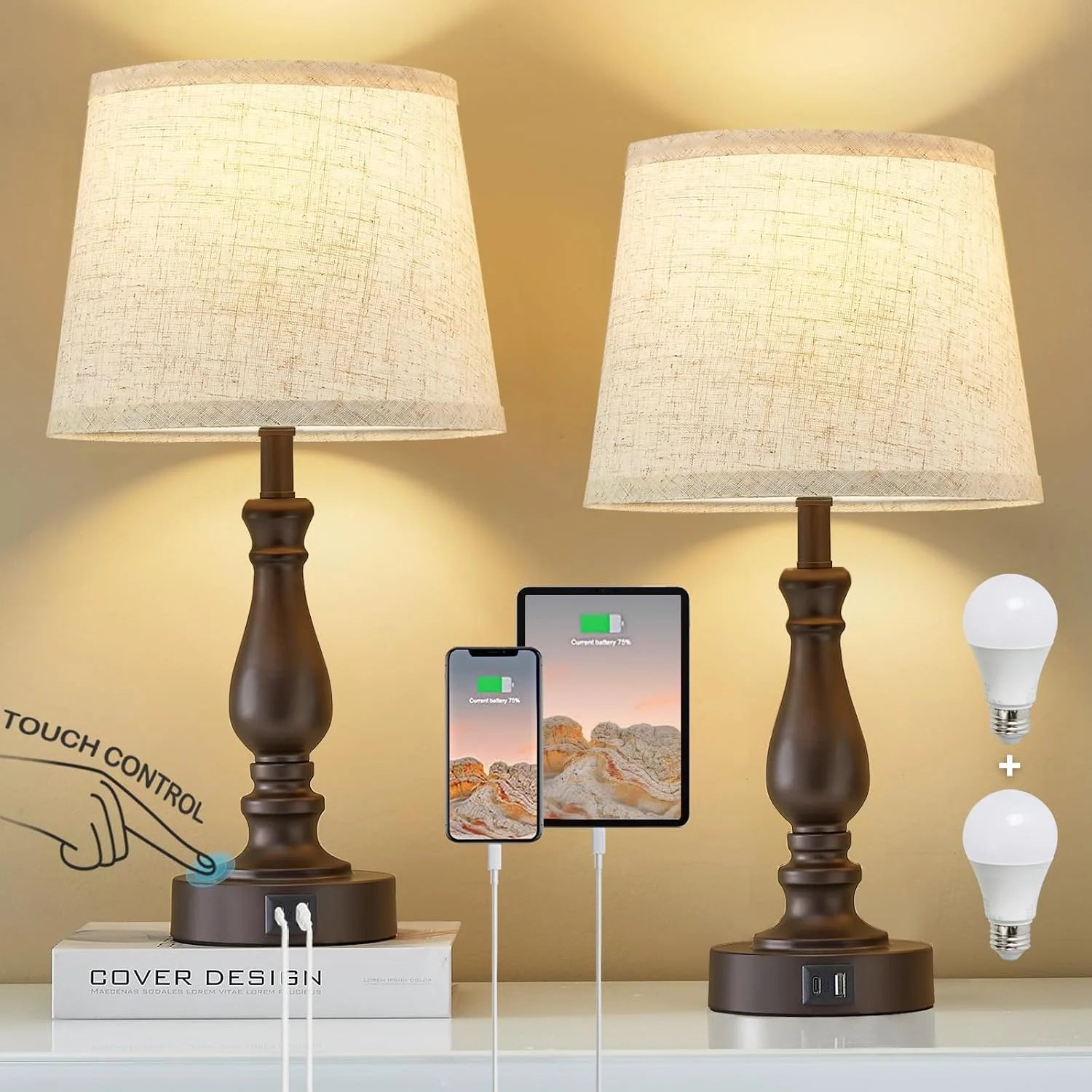 Lamps for Bedroom Set of 2, Dimmable, Bulb Included - Image 6