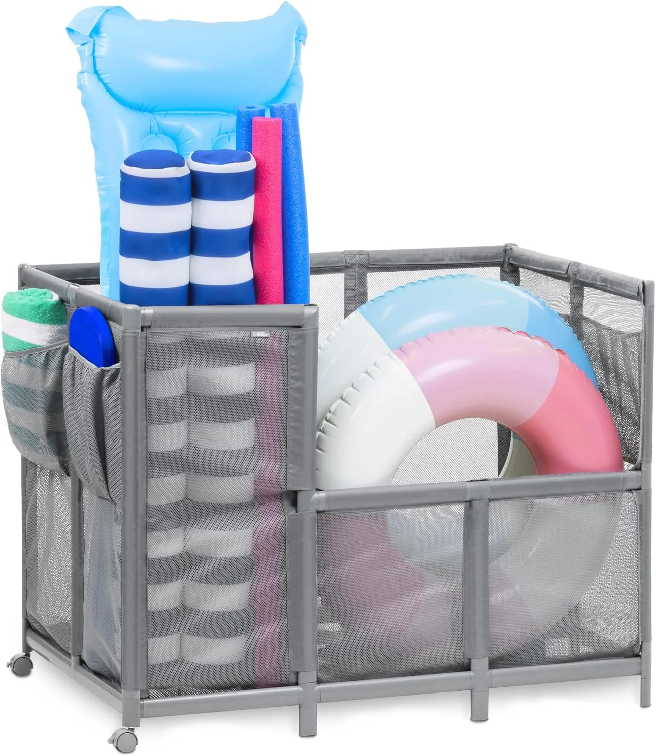 New Arrivals Coast Modern Pool Organizer for Floats and Toys – Extra Large Mesh Pool Storage Bin for Outdoors – Gray
