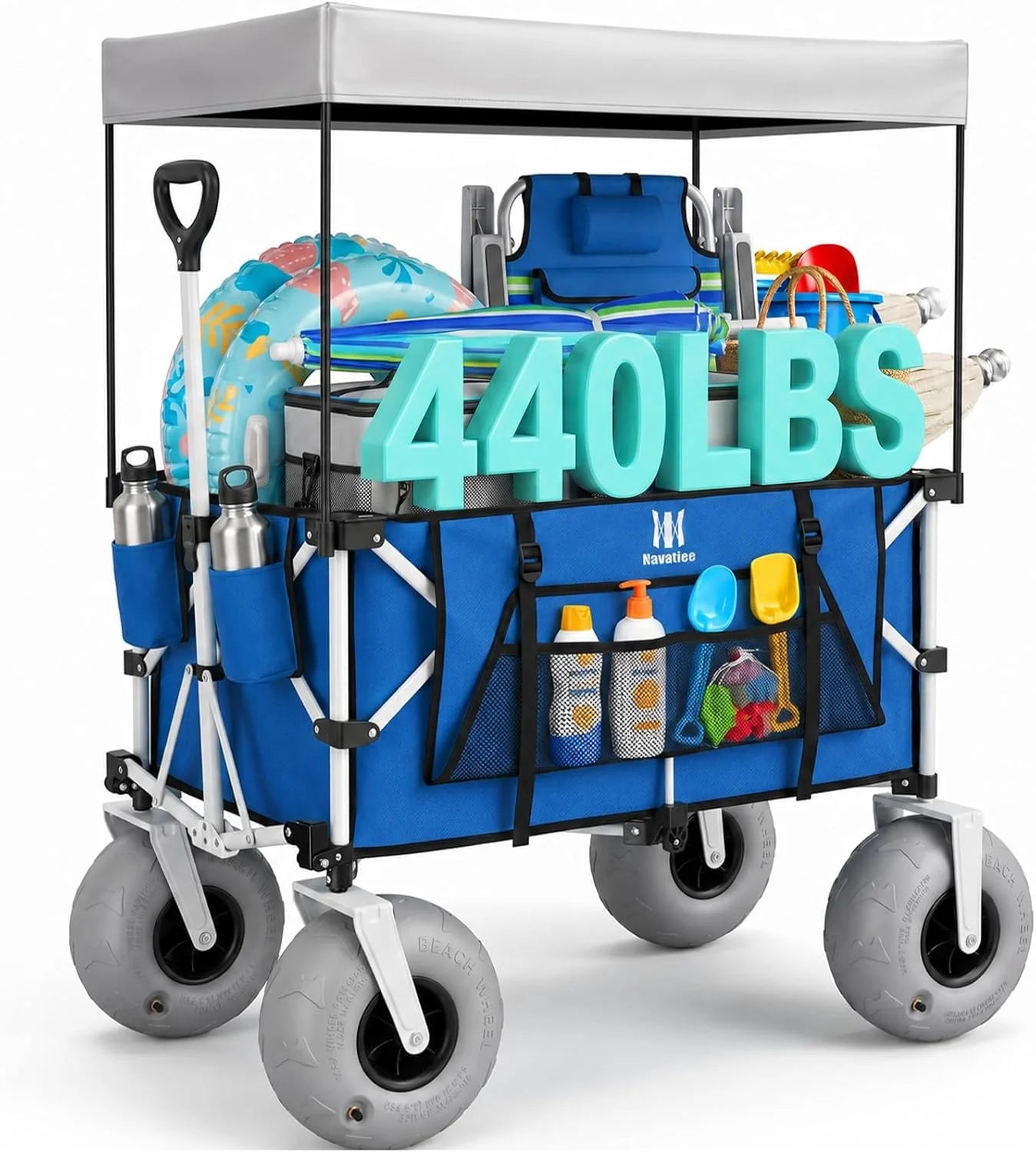 Navatiee Beach Wagon with Big Balloon Wheels for Sand, 200L Extra Large Beach Cart with Canopy